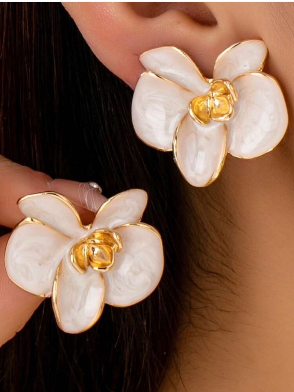 Cream Floral Petal Earrings with Gold Trim